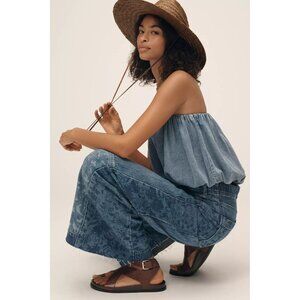 Pilcro The Adi Patchwork Mid-Rise Flare Jeans Blue Floral Detail & Raw Hem Edges